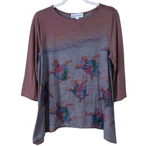 Ellen Negley Art & Sol Turtle Print Blouse Rhinestones Artsy Bohemian Size M